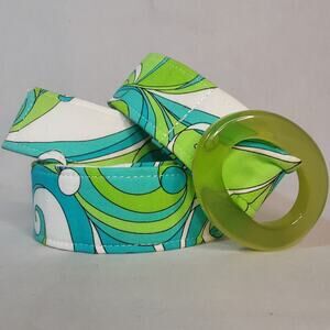 Womens Green Floral Fabric Belt Lg Waist Clear Acrylic Lucite Prongless Buckle